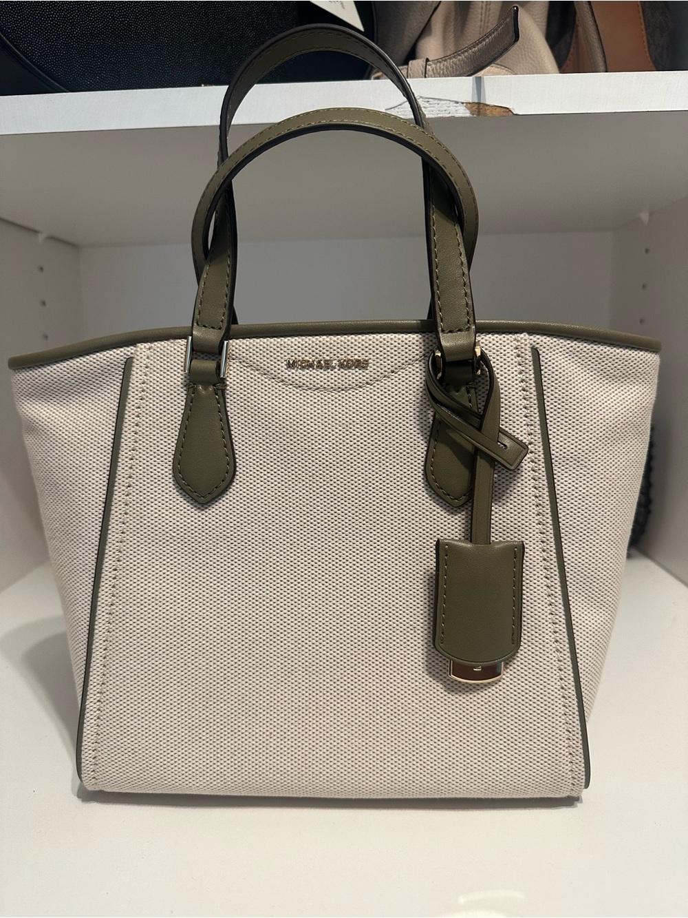 Michael Kors Cream Canvas Tote with Olive Leather Trim